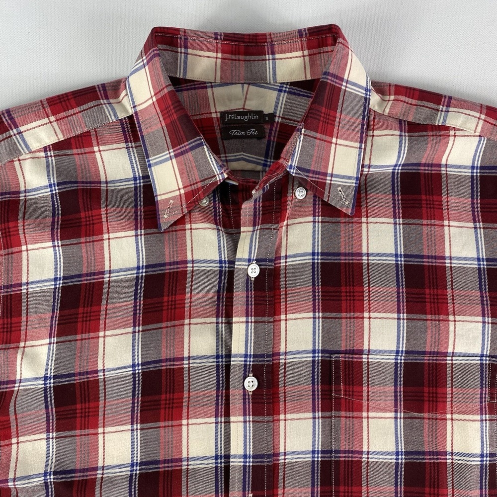 J McLaughlin Button Down Shirt‎ Mens Small Trim Long Sleeve Red Blue Plaid